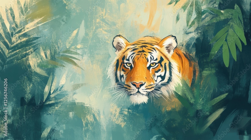 Poster Impressionist portrait of a tiger in a vibrant jungle with space for creative text inclusion. Generative AI