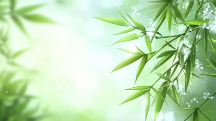 Obraz premium Vibrant bamboo leaf with dewdrops, soft sunlight, blurred flowers, embodying summer's refreshing simplicity. 
