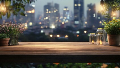Fototapeta premium Romantic Night Cityscape with Wooden Table, Plants, and Lights