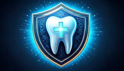 Blue glowing tooth shield with cross symbolizes protection and dental health beautifully.