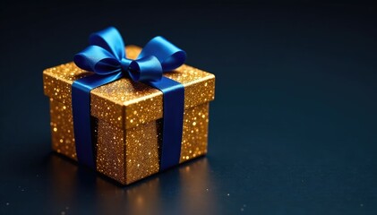 Glittering gold box with blue ribbon on dark background, sparkly, luxury, glitter
