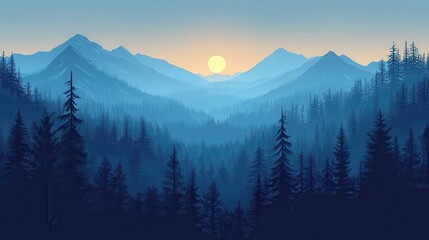 Obraz premium Mountain landscape featuring pine trees silhouetted against a vibrant sunset sky over rolling hills