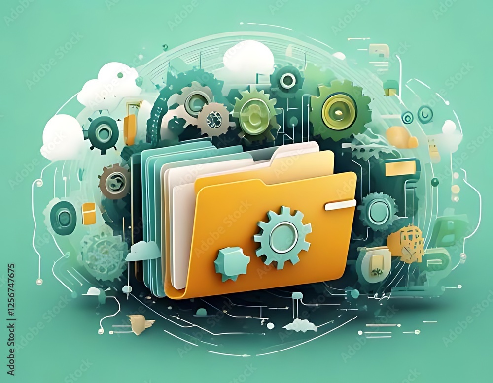 Aufkleber digital document management is represented using gears and folder amongst digital elements.