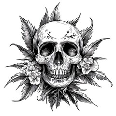 Obraz premium Intricate Skull Surrounded by Leaves and Flowers; Graphic Art for Tattoo or Poster