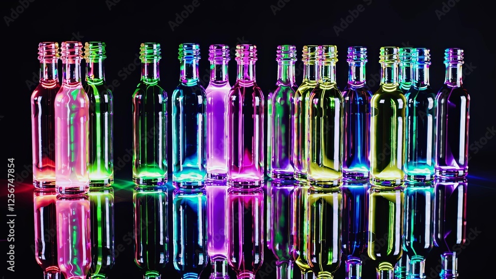 Poster studio shot of a row of small colorful neon lit glass bottles with reflections on a dark surface, cr
