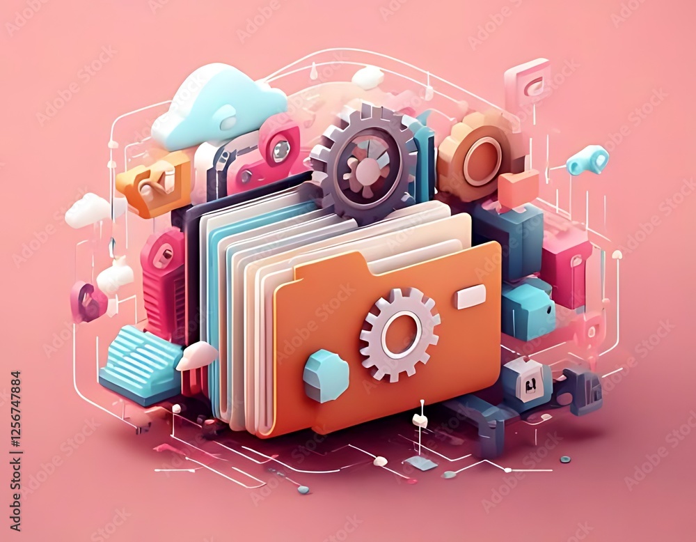Poster folder surrounded by cloud and gear iconography with underlying digital networking on pink backgroun