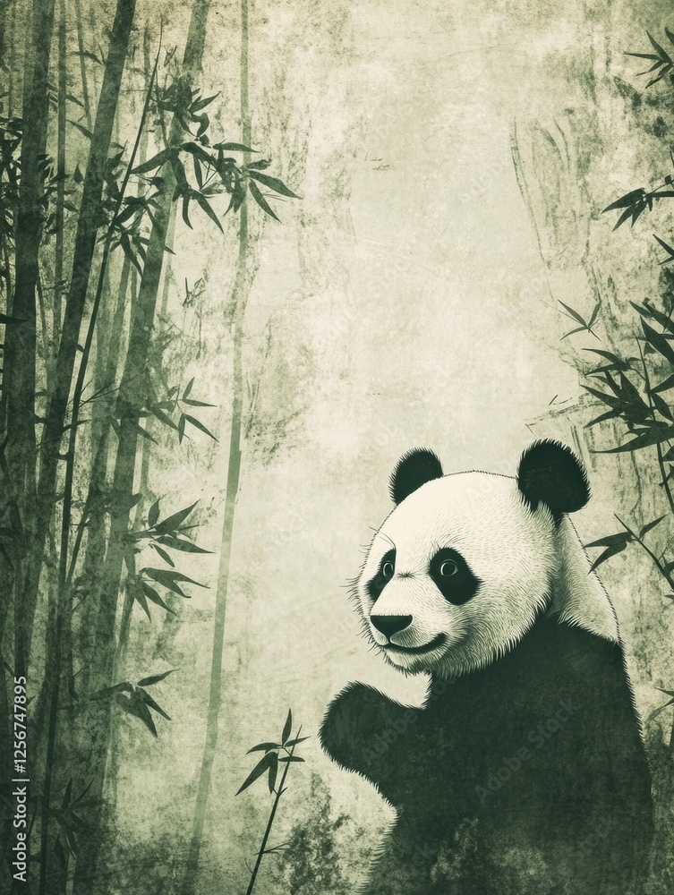 Poster panda enjoying a serene moment in a lush bamboo forest with space for personalized text. generative 