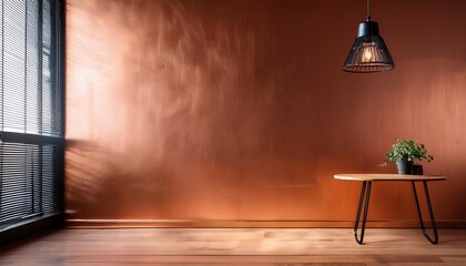 Empty Copper Wall Mockup in Industrial Interior with Wood Side Table and a Black Metal Cage Pendant Lamp. Natural Daylight From a Window. Promotion Background.
