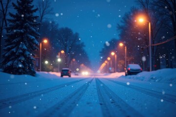 Glowing blue and white lights illuminate snowy ground, white lights, night scene