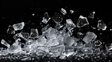 Ice, crushed on a black background. Pieces of crushed ice spread away. Crushing of the ice.