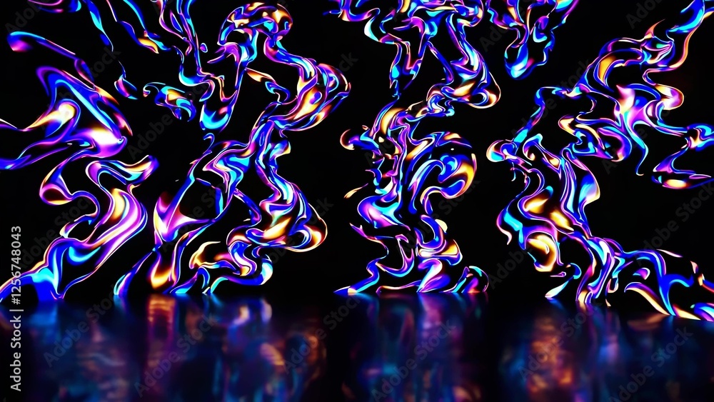 Poster colorful wavy patterns reflecting on a glossy black surface, creating an abstract and vibrant visual