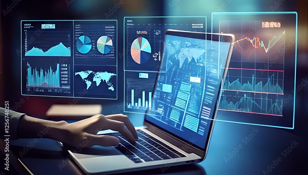 Poster hands navigate data on laptop, surrounded by translucent displays of insightful charts.