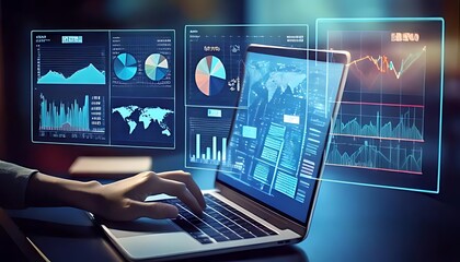 Hands navigate data on laptop, surrounded by translucent displays of insightful charts.
