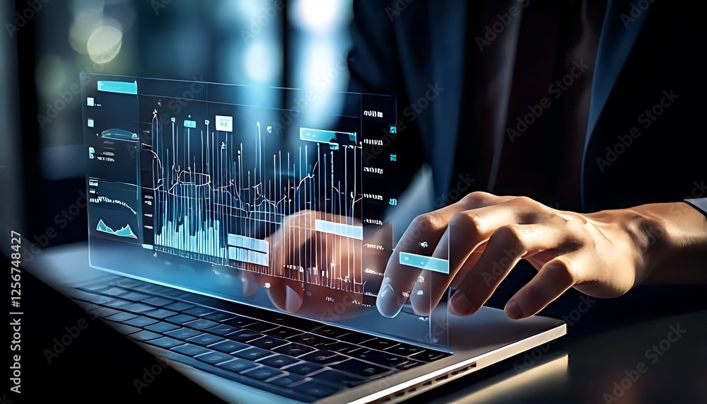 Poster hands working on a laptop showing holographic data visualizations for analysis.