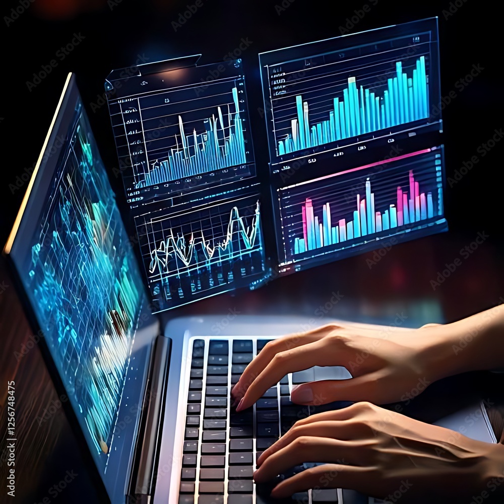 Aufkleber hands type on a laptop, showcasing vibrant data graphs in a dark environment.