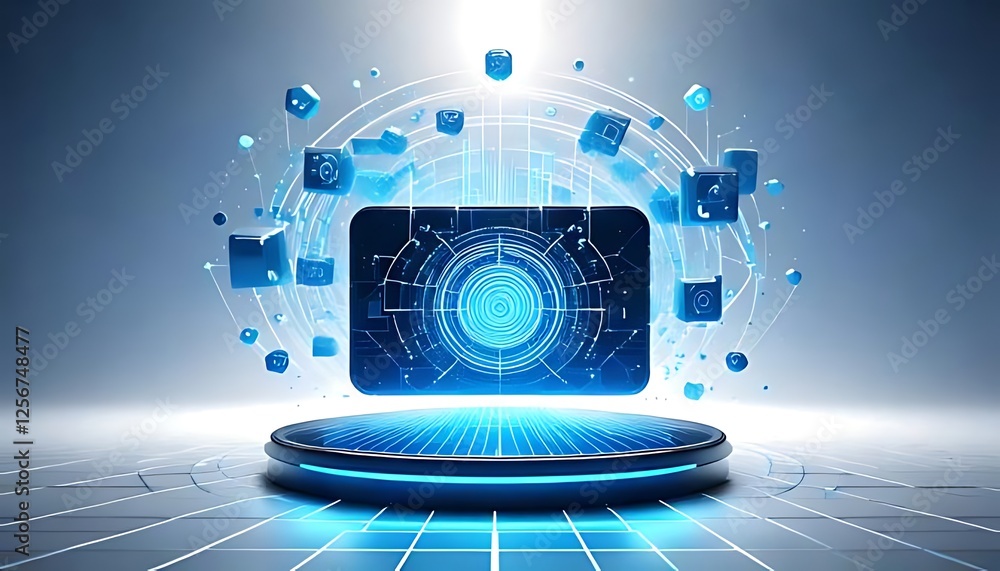 Aufkleber high tech device shows interface amongst cubes on a circular, glowing platform display.