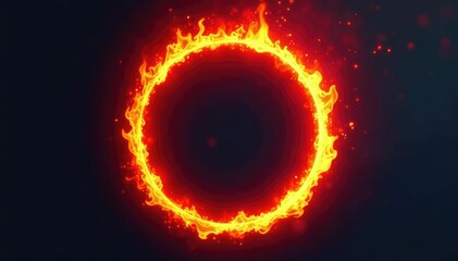 Glowing ring of fire in a darkened circle on white background, flame, red