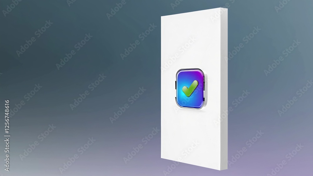 Aufkleber 3d rendering shows a green check mark icon displayed on a smartphone screen, symbolizing completion,