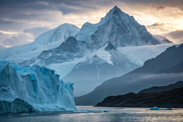 Majestic icy mountain landscape with glacier and serene water