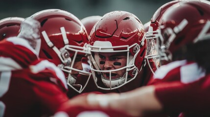 Intense football huddle during game preparation under cloudy skies in the fall season