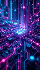 Obraz premium Glowing Circuit Board with Processor in Futuristic Neon Pink and Blue