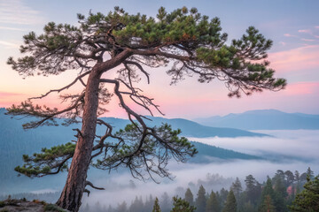 Obraz premium lone pine tree stands against misty mountain backdrop at sunrise