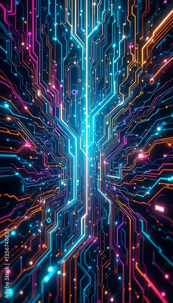 Poster glowing circuit board illustration with data flowing through network