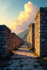 Majestic clouds cast shadows on ancient stone walls, serene, peaceful
