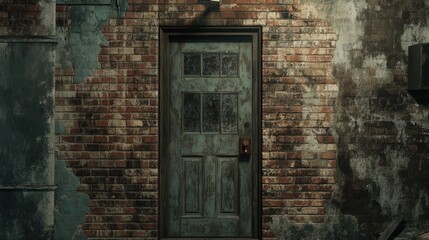 fire exit door framed by worn brick and faded wood, creating an aged yet functional feature in the center of a building that has weathered the ages