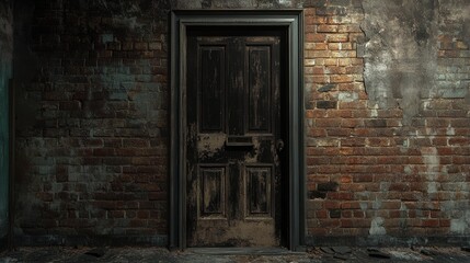 fire exit door framed by worn brick and faded wood, creating an aged yet functional feature in the center of a building that has weathered the ages