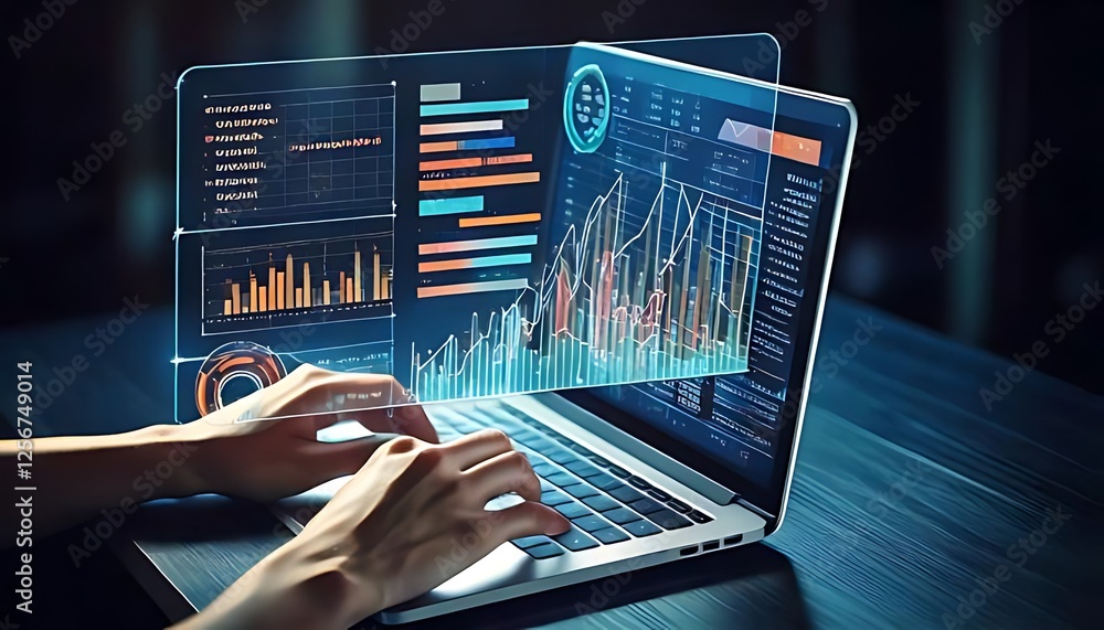 Poster person typing on a laptop displaying transparent financial data and various charts.