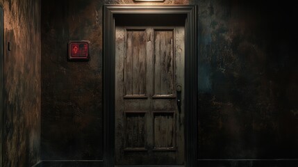 fire exit door in a historical building, its faded color and weathered surface offering a sense of nostalgia,