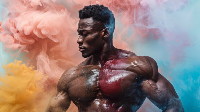 muscular model in fierce weightlifting pose with colorful smoke