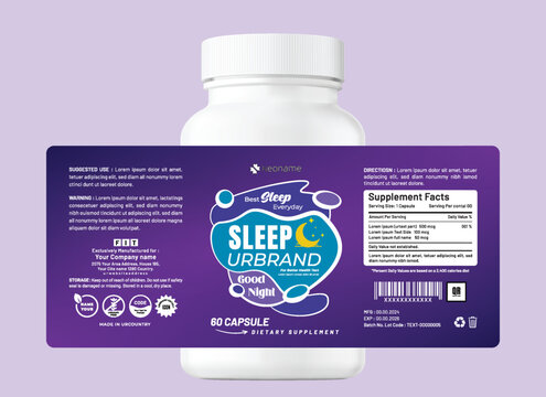 Modern sleep supplement label packaging design in calming purple, creative branding, typography, and clean, layout, Perfect for health, wellness, and vitamin jars.