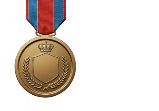 A prestigious gold medal with an embossed laurel wreath and a smooth polished finish, suspended from a vibrant red ribbon, isolated on a transparent background.