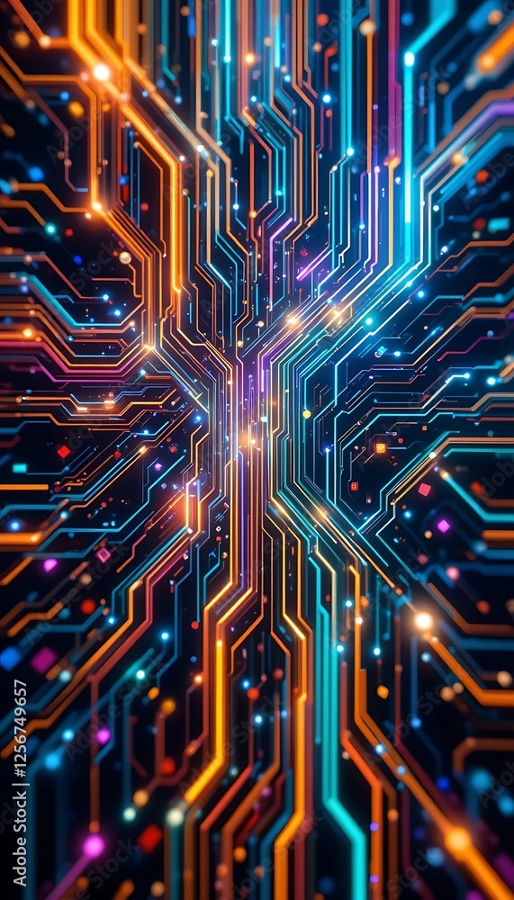 Poster glowing circuit board design with abstract technology and data flow