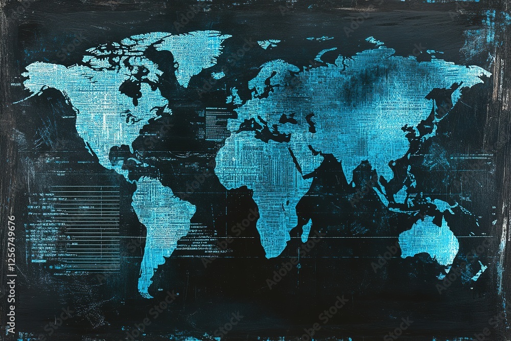 Poster world map rendered in a futuristic data-driven style