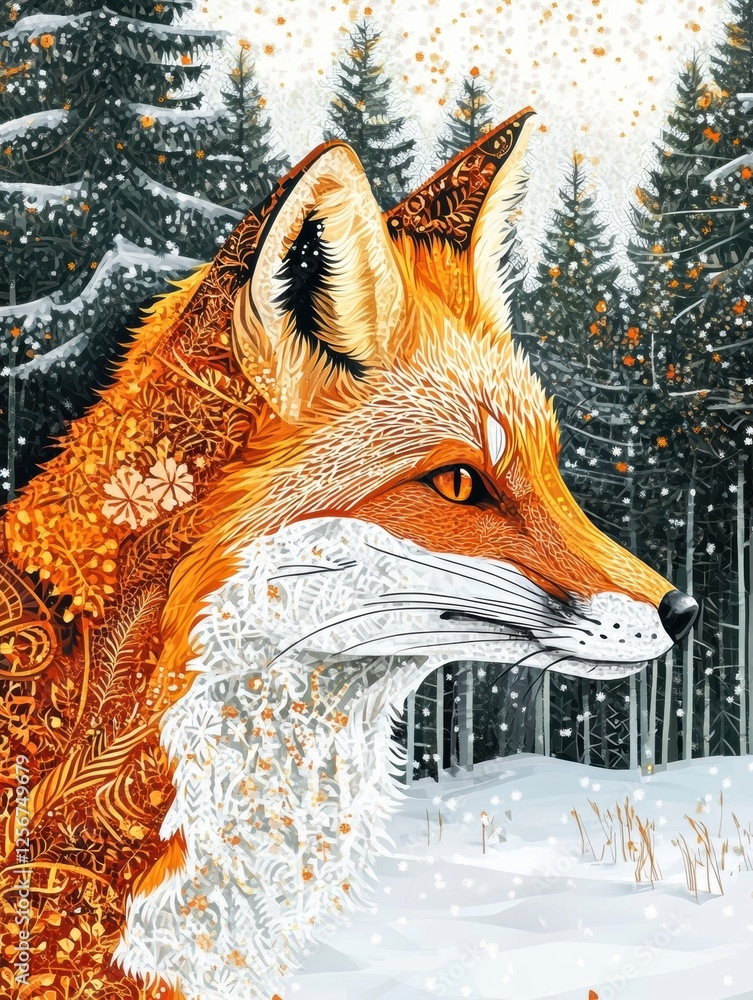 Leinwandbilder Mosaic fox portrait with intricate patterns in a snowy forest setting during winter. Generative AI