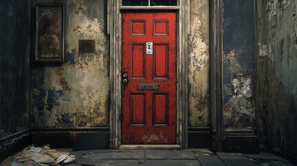 fire exit door situated in an old, historic building, where the door worn appearance stands