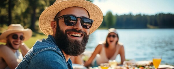 Smiling bearded man in a straw hat and sunglasses enjoys a lakeside picnic with friends