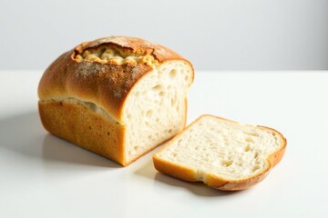 A freshly baked loaf of artisan bread, a single slice removed, showcasing the soft, airy crumb and golden-brown crust, rests on a pristine white surface.