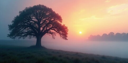 Fototapeta premium Misty dawn fog surrounds ancient tree branches, tree,