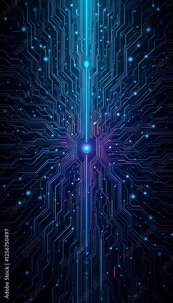 Poster abstract circuit board with glowing lines and nodes technology background