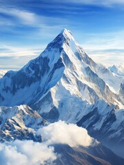 Obraz premium Majestic mountain range under soft clouds with bright blue sky and blank space for peaceful reflection. Generative AI