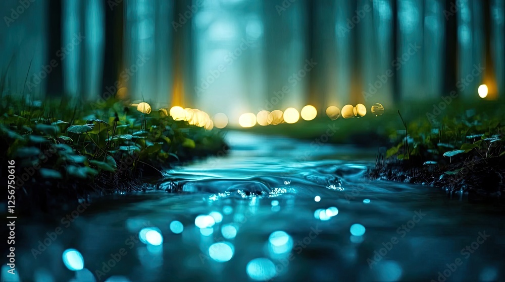 Poster Glow forest concept. A serene stream flows through a mystical forest, illuminated by ambient glowing lights.