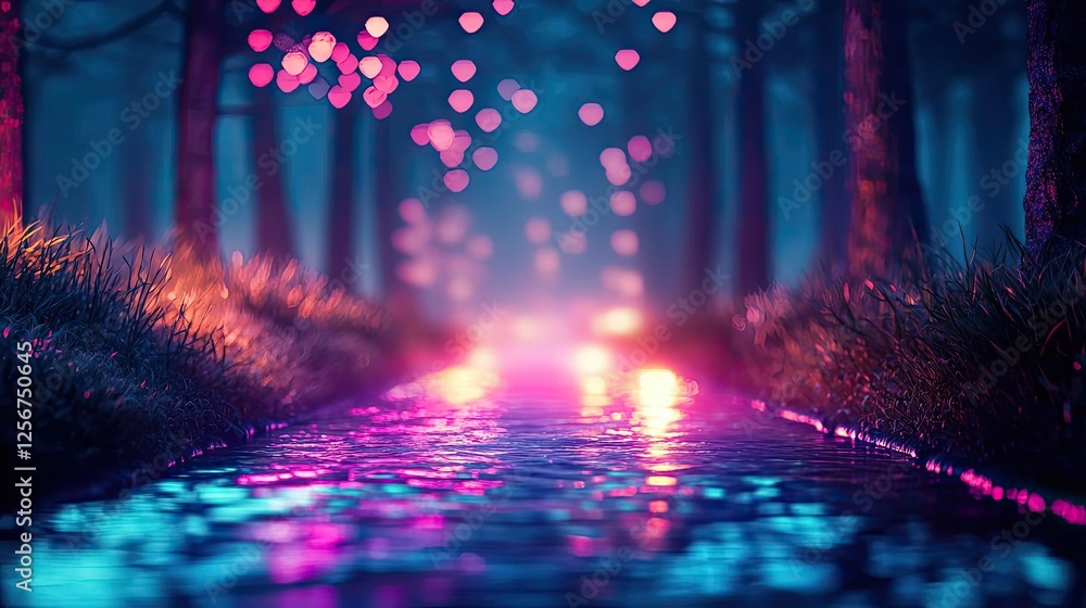 Poster Glow forest concept. A serene night scene with glowing lights reflecting on a tranquil water surface.