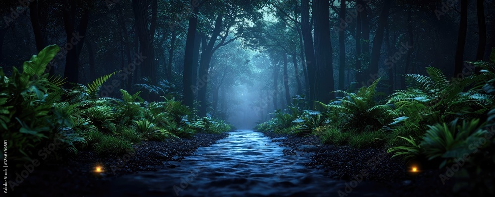 Poster Glow forest idea. A serene forest scene with mist and lush greenery by a quiet stream at twilight.
