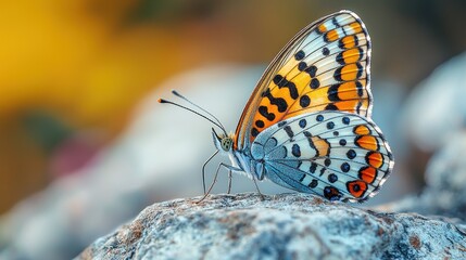 Obraz premium A vibrant butterfly with orange, black, and white wings rests on a gray rock against a blurred yellow and green background.