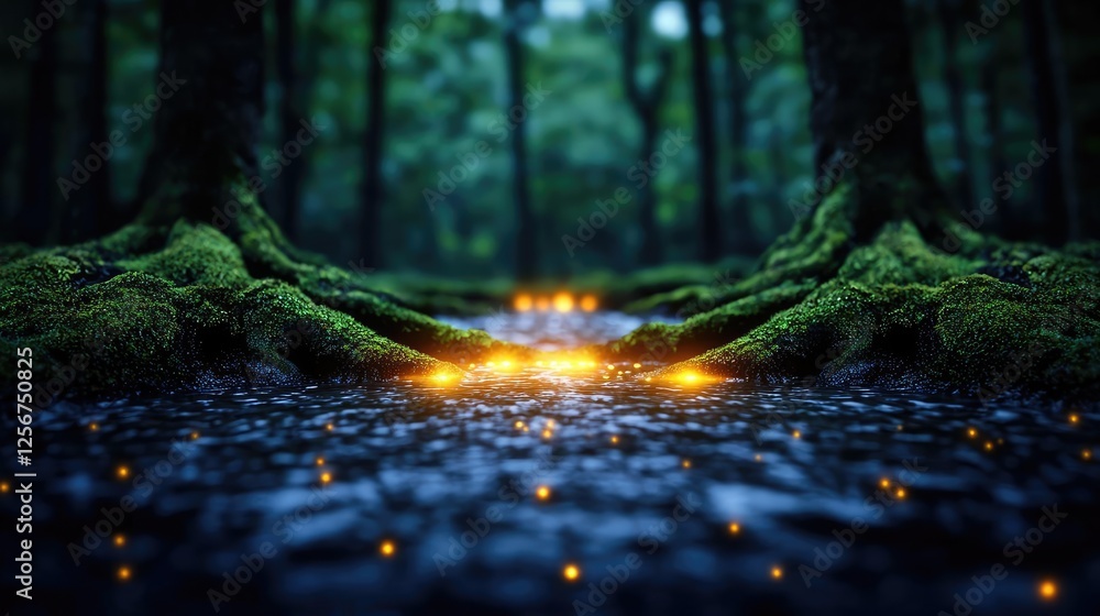 Aufkleber glow forest idea. magical forest scene with glowing lights illuminating mossy tree roots.