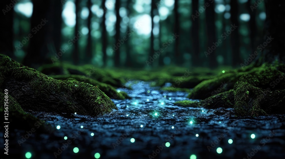 Poster glow forest idea. enchanting forest scene with soft glowing lights reflecting on a serene stream.
